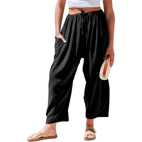 TARSE Womens Linen Wide Leg Pants Casual Loose Drawstring Low Waist Beach Palazzo Harem Pants with Pockets