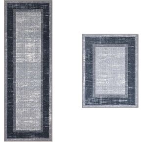 Machine Washable Bordered Design Non-Slip Rubberback 2x5/2x3 2PCS Set Traditional Runner Rug/Area Rug for Hallway, Kitchen, Entryway, Bathroom, 2 Piece Set - 20" x 59" / 2'3" x 3', Gray/Black