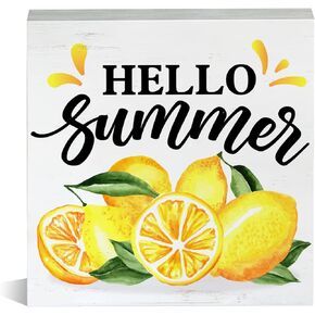Hello Summer Lemons Wooden Box Sign Wood Block Tabletop Sign Decorative Desk Sign Home Shelf Decor 5 X 5 Inches