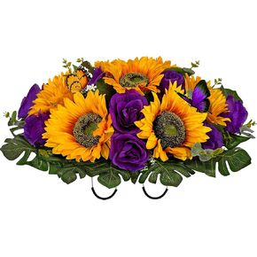Cemetery Flowers for Grave Decor,Silk Sunflower Rose Headstone Flower Saddle, Bright and Colorfast,Purple/Yellow