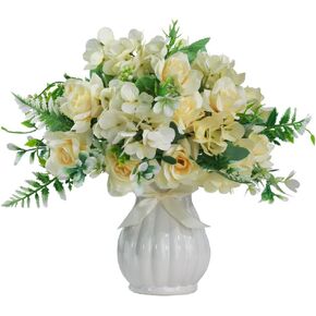 LESING Artificial Rose Silk Hydrangea Flowers Bouquets with Vase Rustic Fake Flowers for Home Decoration Table Centerpiece (Claret Red)
