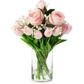 ENOVA FLORAL Mixed Silk Rose Artificial Flowers and Real Touch Tulips Fake Flowers in Glass Vase, Artificial Floral in Vase with Faux Water for Dining Table Centerpieces, Wedding Event (Pink)
