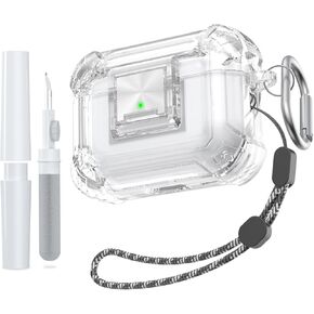[4 in 1] Secure Lock Airpods Pro 2nd/1st Generation Case Clear, WOFRO Airpods Pro 2 Transparent TPU Silicone Protective Cover with Cleaner kit Lanyard and Keychain for Apple AirPods Pro 2nd/1st Gen