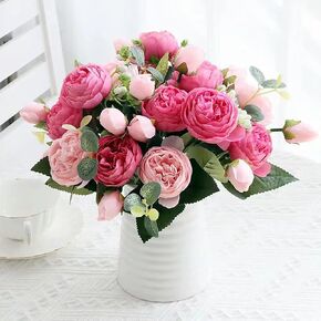 Artificial Peony Flowers Silk Peony Rose Real Touch Fake Flowers 3pcs Single Stem with 5 Heads Bouquet for Home Wedding Party Decoration (White)