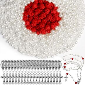 1220 Pcs Rosary Making Supplies Include 1060 Pcs Rosary Pearl Beads 120 Pcs Carved Rose Beads 20 Pcs Rosary Cross Centerpiece 20 Pcs Crucifix Medal for Rosary Bracelet Necklace Jewelry Making