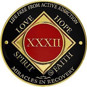 NA 32 Year Medallion, Narcotics Anonymous Coin, Gold Color Plated Recovery Chip