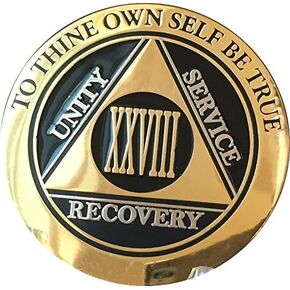 RecoveryChip 28 عامًا ميدالية AA رقاقة أنيقة باللون الأسود والذهبي والفضة ومدمني الكحول المجهولين