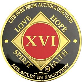 16 Year NA Gold Color Plated-Medallion, Recovery Chip, Narcotics Anonymous Coin (Red & Black)