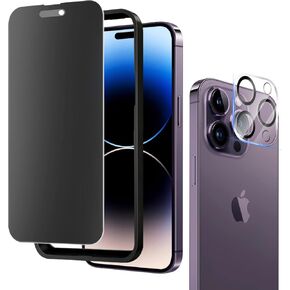 واقي شاشة للخصوصية غير لامع لهاتف iPhone 14 Pro Max مقاس 6.7 بوصة مع واقي عدسة الكاميرا تغطية كاملة ومضاد للوهج ومضاد للتجسس من الزجاج المقسى ومضاد لبصمات الأصابع ولا حدود سوداء سهلة التركيب
