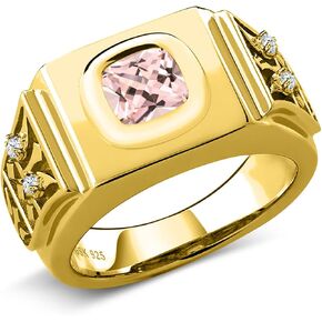 Gem Stone King Men's 18K Yellow Gold Plated Silver Peach Nano Morganite Ring (2.04 Cttw, Cushion 8MM, Available In Size 8,9,10,11,12,13)