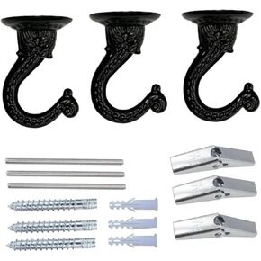 Large Swag Ceiling Hooks Heavy Duty Swag Hook with Hardware 3 Sets for Hanging Plants Ceiling Installation Cavity Wall Fixing (Black)