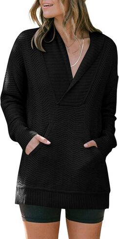 سترات نسائية من Langwyqu برقبة على شكل حرف V مع ياقة كروشيه محبوكة فضفاضة للخريف كاجوال بأكمام طويلة بلوفر ناعم مع جيوب in Kuwait