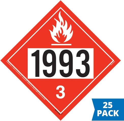 1993 Placard, Class 3 Flammable Liquid 25-pk. - 10.75" x 10.75" Removable Self Adhesive Vinyl for Temporary Applications - J. J. Keller & Associates - Complies with DOT Hazmat Placard Requirements in Saudi Arabia