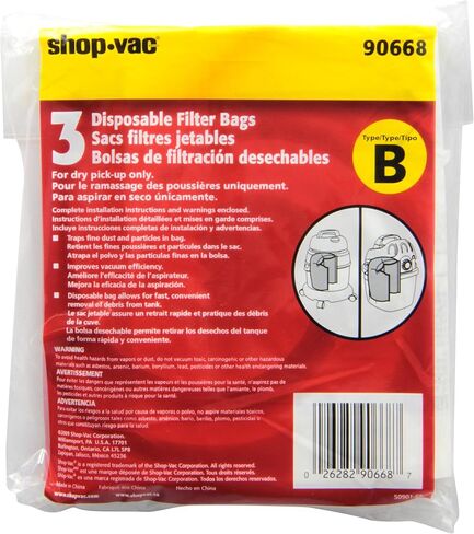 Shop-Vac 9066833، أكياس فلتر للاستعمال مرة واحدة، أكياس تجميع شاملة، تناسب خزانات سعة 2-2.5 جالون، (3 عبوات)، أبيض in Saudi Arabia