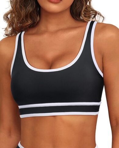 Tempt Me Women Sports Bra Bikini Top Color Block Bathing Suit Top Scoop Neck Swimsuit Top Athletic Crop Top for Teen Girls in Saudi Arabia