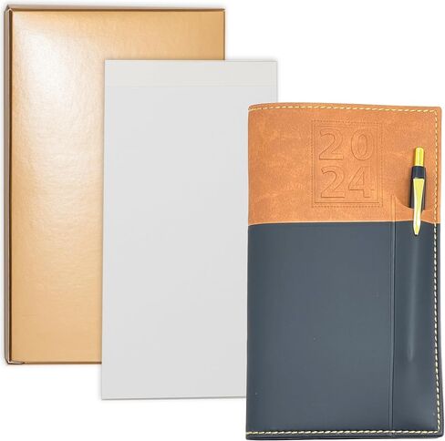 2024 Weekly Pocket Calendar Organizer With Black & Gold Pen Attached | White Notepad For Notetaking - All in a Gold Gift Box | Small Size Soft Leather Cover 6" X 3.5" Black & Brown/Tan Planner (2024) in Saudi Arabia