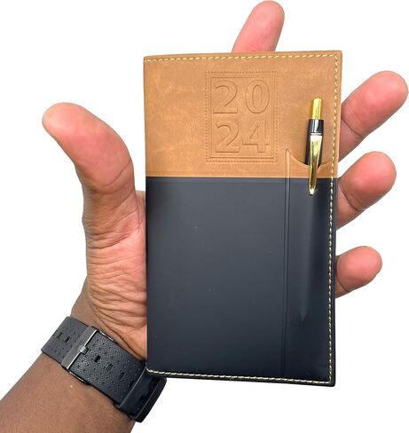 2024 Weekly Pocket Calendar Organizer With Black & Gold Pen Attached | White Notepad For Notetaking - All in a Gold Gift Box | Small Size Soft Leather Cover 6" X 3.5" Black & Brown/Tan Planner (2024) in Saudi Arabia