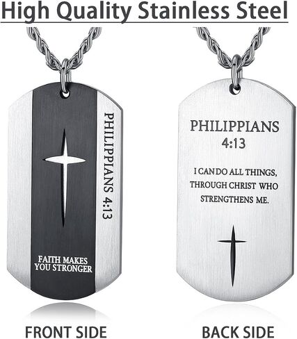 Black Silver Stainless Steel Bible Verse Cross Dog Tag Pendant Necklace for Men, 24-28 Inches Chain in Saudi Arabia