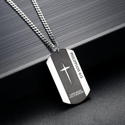 Black Silver Stainless Steel Bible Verse Cross Dog Tag Pendant Necklace for Men, 24-28 Inches Chain in Saudi Arabia