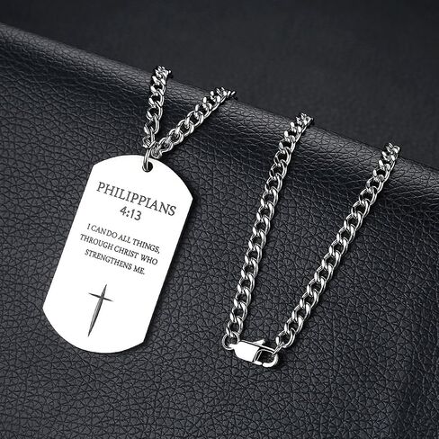 Black Silver Stainless Steel Bible Verse Cross Dog Tag Pendant Necklace for Men, 24-28 Inches Chain in Saudi Arabia