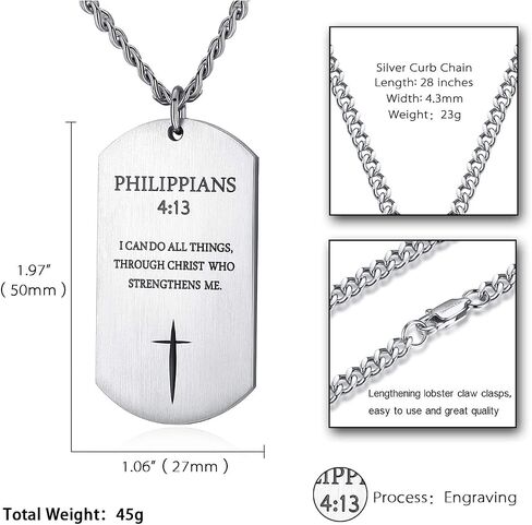 Black Silver Stainless Steel Bible Verse Cross Dog Tag Pendant Necklace for Men, 24-28 Inches Chain in Saudi Arabia