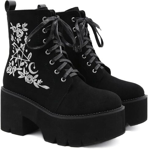 rui yue Womens Platform Boots Round Toe Chunky Ankle Boots Punk Boots Lace Up&Zipper Combat Boots in Kuwait