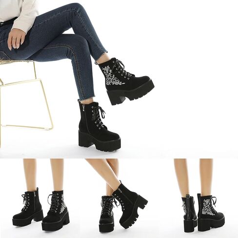 rui yue Womens Platform Boots Round Toe Chunky Ankle Boots Punk Boots Lace Up&Zipper Combat Boots in Kuwait