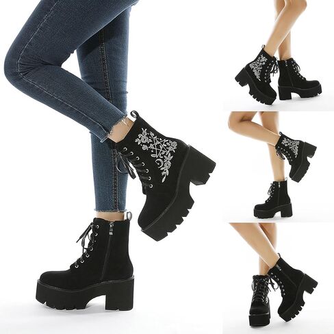 rui yue Womens Platform Boots Round Toe Chunky Ankle Boots Punk Boots Lace Up&Zipper Combat Boots in Kuwait