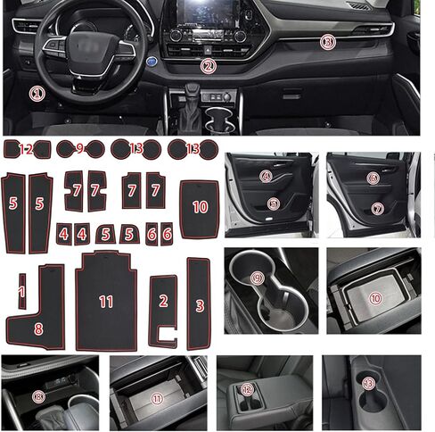 SENSHINE for Toyota Highlander Accessories 2020-2024 Anti Dust Cup Holder Insert Center Console Shifter Trim Door Packet Mats Premium Custom Interior 22PC Set (Bench Seat,Black Trim) in Kuwait
