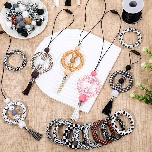 Maysing 15 Set Silicone Beadable Rings Making Kits, 65mm Round Silicone Loop Silicone Beads Keychain Tassels for DIY Car Charm Keychain Jewelry Bracelet Necklace Supplies Hanging Pendant in Saudi Arabia