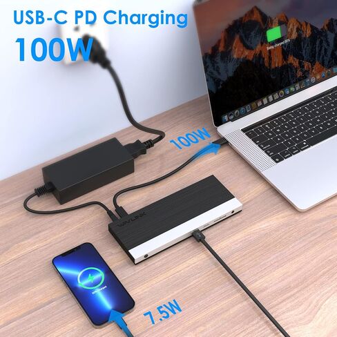 محطة إرساء الكمبيوتر المحمول USB C شاشة ثلاثية، قاعدة توصيل كمبيوتر محمول WAVLINK ثلاثية العرض مع شحن 100 وات لجهاز M1/M2 MacBook Pro/Air، Dell، Lenovo، HP، Asus، 2DP+HDMI، 4USB 3.0، جيجابت إيثرنت، TF/SD in Kuwait