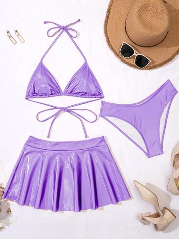 3 Piece Triangle Swimsuits for Women Metallic Bikini Sets Thong Bathing Suit with Beach Skirt Sexy Festival Rave Outfits in Kuwait