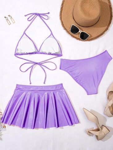 3 Piece Triangle Swimsuits for Women Metallic Bikini Sets Thong Bathing Suit with Beach Skirt Sexy Festival Rave Outfits in Kuwait
