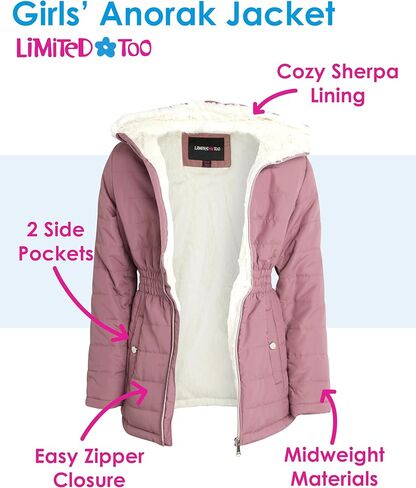 معطف متوسط ​​الوزن للفتيات من Limited Too - سترة أنوراك مبطنة بفرو الشيربا الصناعي (الحجم: 7-16) in Kuwait