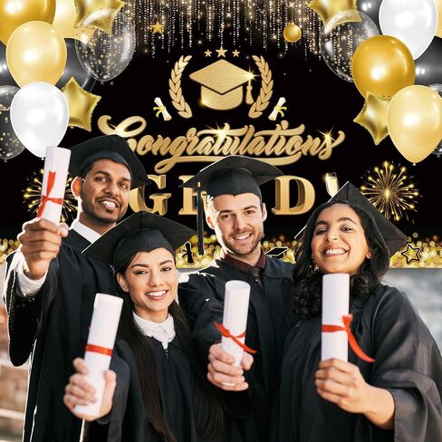 2024 Congrats Grad خلفية لفئة التخرج التصوير الفوتوغرافي خلفية الصورة الدعائم حفلة موسيقية كشك، التخرج راية الزينة فئة 2024، خلفية الصورة باللونين الأسود والذهبي لحفل التخرج in Kuwait
