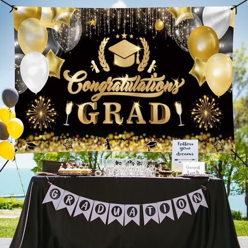 2024 Congrats Grad خلفية لفئة التخرج التصوير الفوتوغرافي خلفية الصورة الدعائم حفلة موسيقية كشك، التخرج راية الزينة فئة 2024، خلفية الصورة باللونين الأسود والذهبي لحفل التخرج in Kuwait