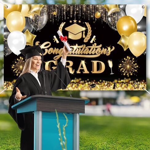 2024 Congrats Grad خلفية لفئة التخرج التصوير الفوتوغرافي خلفية الصورة الدعائم حفلة موسيقية كشك، التخرج راية الزينة فئة 2024، خلفية الصورة باللونين الأسود والذهبي لحفل التخرج in Kuwait