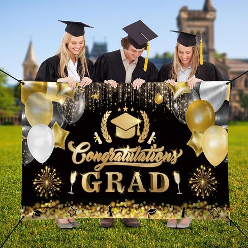 2024 Congrats Grad خلفية لفئة التخرج التصوير الفوتوغرافي خلفية الصورة الدعائم حفلة موسيقية كشك، التخرج راية الزينة فئة 2024، خلفية الصورة باللونين الأسود والذهبي لحفل التخرج in Kuwait