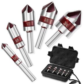 5PCS Cobalt 5-Flute Countersink Drill Bit Set - Heavy-Duty M35 82-Degree Countersink Chamfer Tool Set for Metal,Stainless Steel,Copper,Wood,Fiberboard,Plastic,SAE 3/4",5/8",1/2"3/8",1/4"