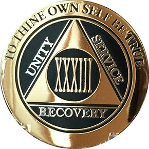RecoveryChip 33 Year AA Medallion Elegant Black Gold Silver Bi-Plated Alcoholics Anonymous Chip