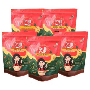 The DryM Foods Nutritious Yummy Homemade Indian Food | Ready to Eat Meals | Rose Lassi, Jeera Aloo, Dal Tadka, Matar Paneer, Rajma | Quick & Easy to Make Pack of 5 Instant Wholesome Goodness