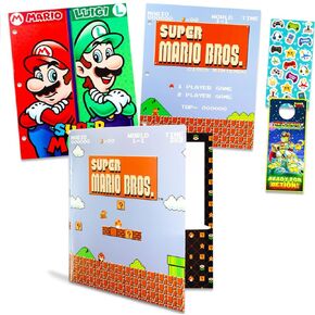 3 Super Mario School Folders - Bundle with 3 Mario 2 Pocket Heavy Duty Laminated Folders for School, Office, More | Mario School Supplies for Boys