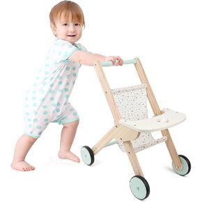 Wooden Baby Walker Doll Stroller, Baby Push Walker, Shopping Cart Learning Walker for Boys and Girls, Wood Push Toys for Babies Learning to Walk