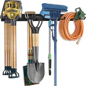 Garage Garden Tool Organizer Wall Mount, Garage Organization and Storage, Yard Tool Rack, Holds Brooms, Mops, Shovels, Rakes, Chairs and Power Tools, 4 Tool Hooks, Max Load 200 lbs