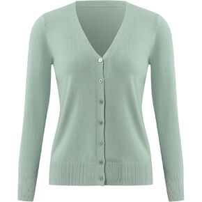 سترة نسائية كارديجان بياقة V محبوكة وأكمام طويلة وأزرار بلون سادة، سترات كاجوال in Kuwait