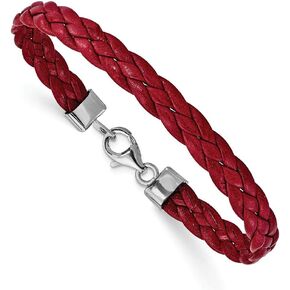 Solid 925 Sterling Silver Red Braided Leather Bracelet - with Secure Lobster Lock Clasp 7" (Width = 8mm)