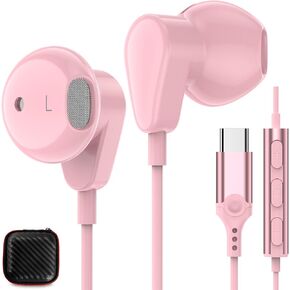 سماعات أذن سلكية USB C لأجهزة Apple iPad iPhone 15 Pro Samsung Galaxy A35 S24+ S23 S22 Type C سماعات أذن للنساء والفتيات Android وميكروفون التحكم في مستوى الصوت لـ Google Pixel 8 Pro 7 6a OnePlus