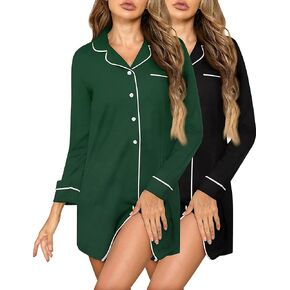 Xaatren 2 Pack Women Nightgowns Button Down Sleepwear Soft Long Sleeve Pajama Women Nightdress V Shaped Neck Sleep Shirts
