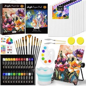 Nicpro 68PCS Acrylic Paint Canvas Set for Adults & Kids, Art Painting Supplies Kit with 24 Paints,Table Easel,8 Canvas Panels,12 Brushes,Paper Pad,Cleaning Cup,Sponge,Palette for Artist Beginner