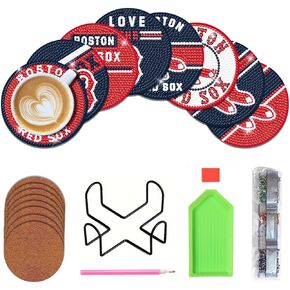 8 Pcs Baseball Diamond Art Coasters Kits with Holder, Diamond Painting Coaster Kits DIY Crafts for Adults Diamond Art Painting Kits Supplies for Boston Gift